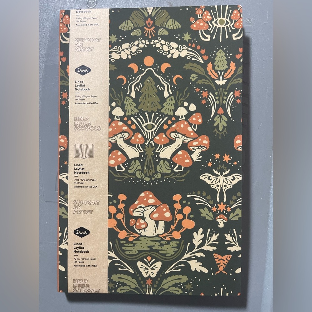Denik Mushroom Folk Art Layflat Notebook - Olive Green & Orange, NWT